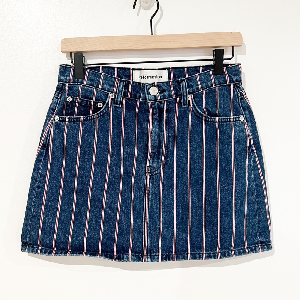 Reformation Striped Denim Zip Fly Blue & Red Jean Mini Skirt Surplus Fabric  27